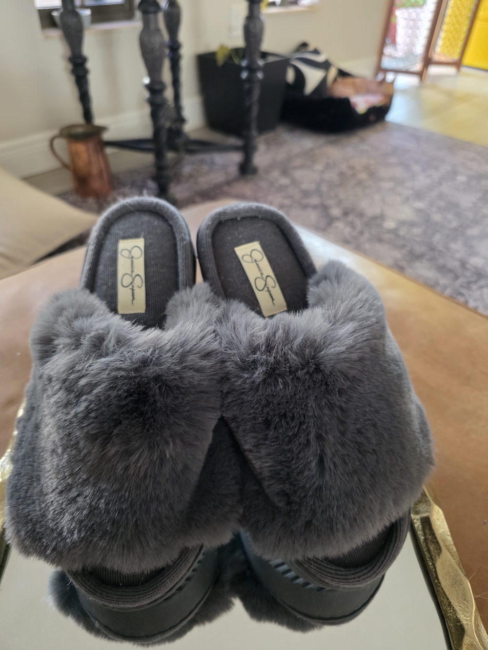 Jessica Simpson Gray Faux Fur Slide Slippers